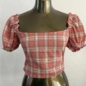 Plaid Puff Sleeve Crop Top